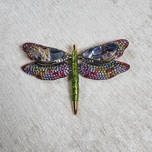 Joan Rivers Big Statement Dragonfly Multicolor Abalone Rhinestone Brooch Pin